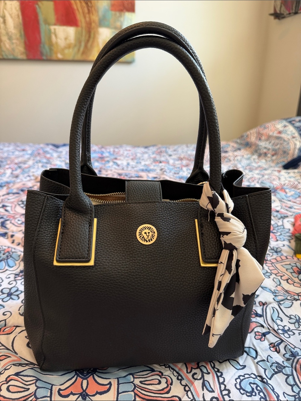 Anne Klein Black Pebbled Satchel with Gold Hardware